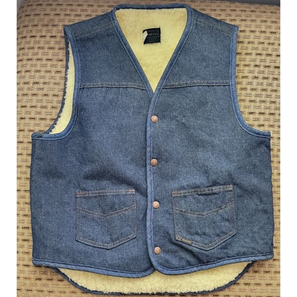 Roebucks Denim Sherpa Vest Made in USA Mens Sz. L Pockets Snaps Sears Nice Cond.